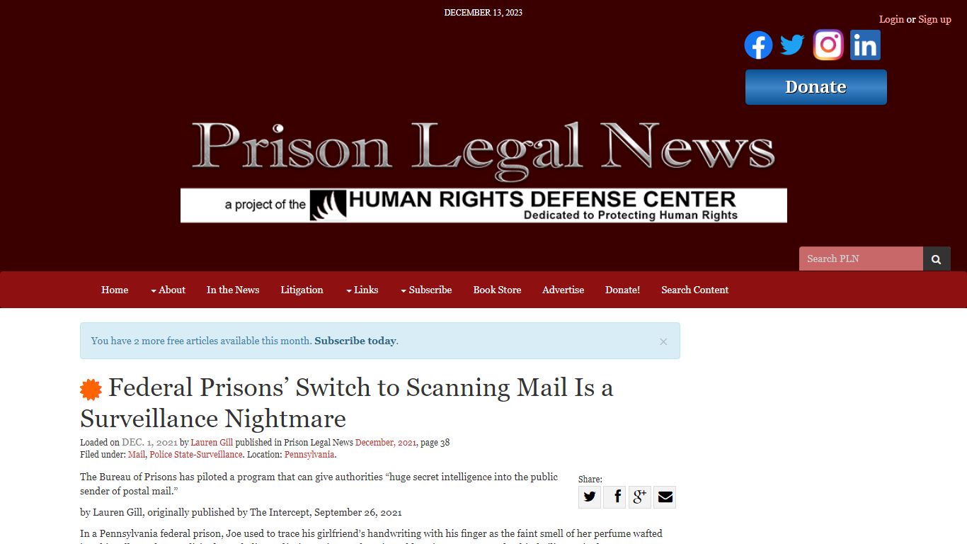 Federal Prisons’ Switch to Scanning Mail Is a Surveillance Nightmare