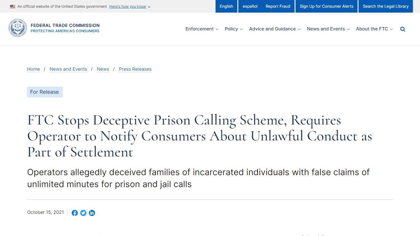 FTC Stops Deceptive Prison Calling Scheme, Requires Operator to Notify ...